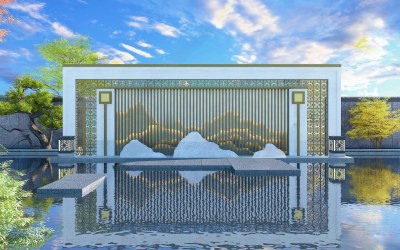 新中式园林景观墙3D模型下载